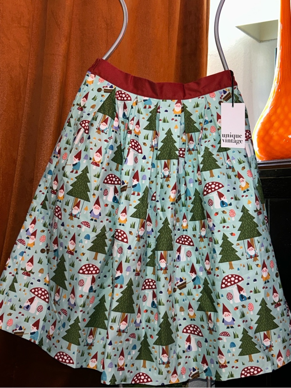 Unique Vintage Light Blue Gnome & Tree Print Skirt with Red Waistband